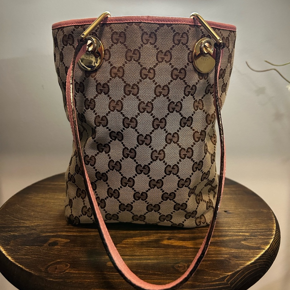 GUCCI Vintage Monogram Tote Brown/tan canvas & pink Leather trim